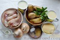 Минтай, запечённый с картофелем и луком, в сливках